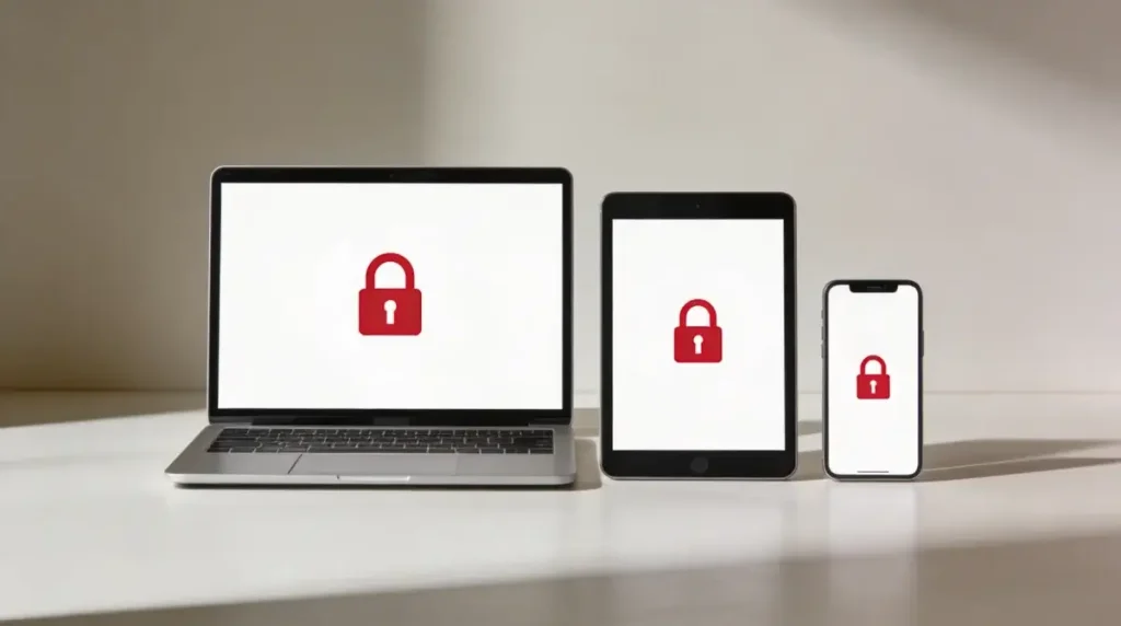 Laptop tablet and smartphone with lock icons representing BetBlocker device-level gambling blocks