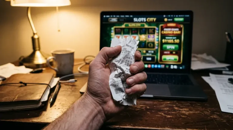 Hand holding a crumpled receipt near a laptop representing a disputed transaction at an offshore casino