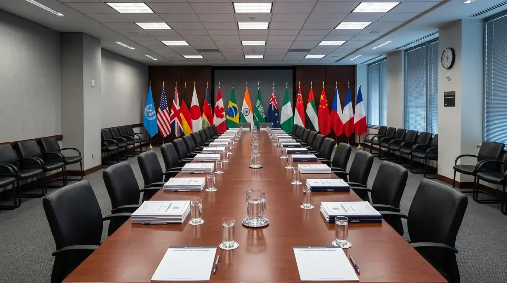 Formal conference table with multiple national flag stands representing the European gambling regulators coalition