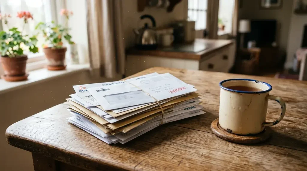 Stack of unopened bills on a kitchen table representing gambling debt and financial harm