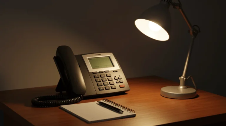 Desk phone handset off the hook beside a notepad representing the GamCare gambling helpline
