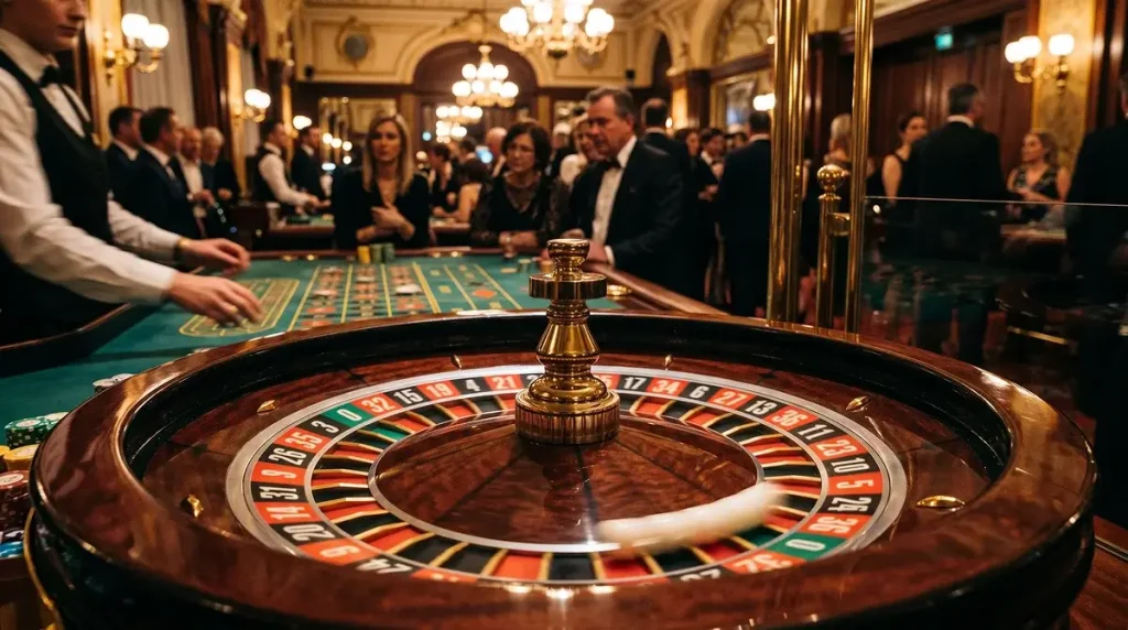 Spinning roulette wheel with ball in motion under warm casino lighting representing payout differences