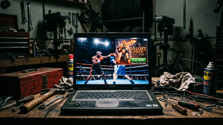 Laptop screen showing a sports broadcast with pop-up advertising overlay representing illegal stream gambling ads