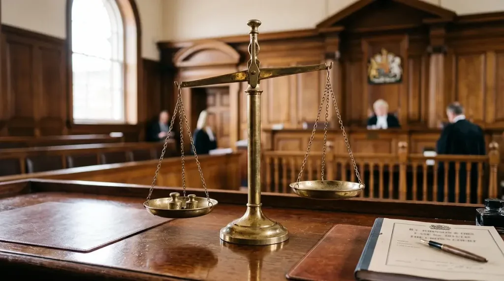 Brass legal scales on a wooden desk in a UK courtroom setting representing gambling law and offshore casino legality
