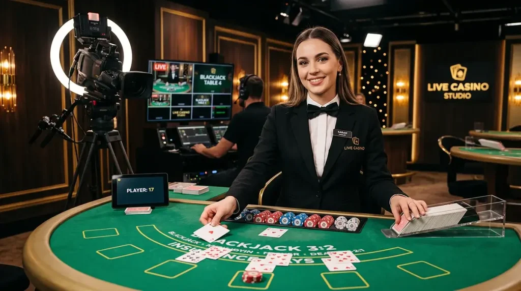 Professional live casino dealer at a blackjack table with streaming camera equipment in the background
