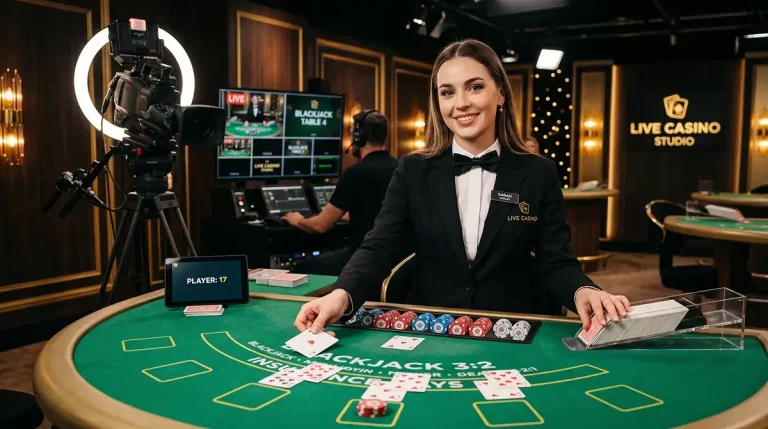 Professional live casino dealer at a blackjack table with streaming camera equipment in the background