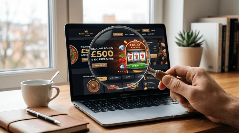 Magnifying glass held over a laptop screen showing a casino website representing evaluation of new offshore sites