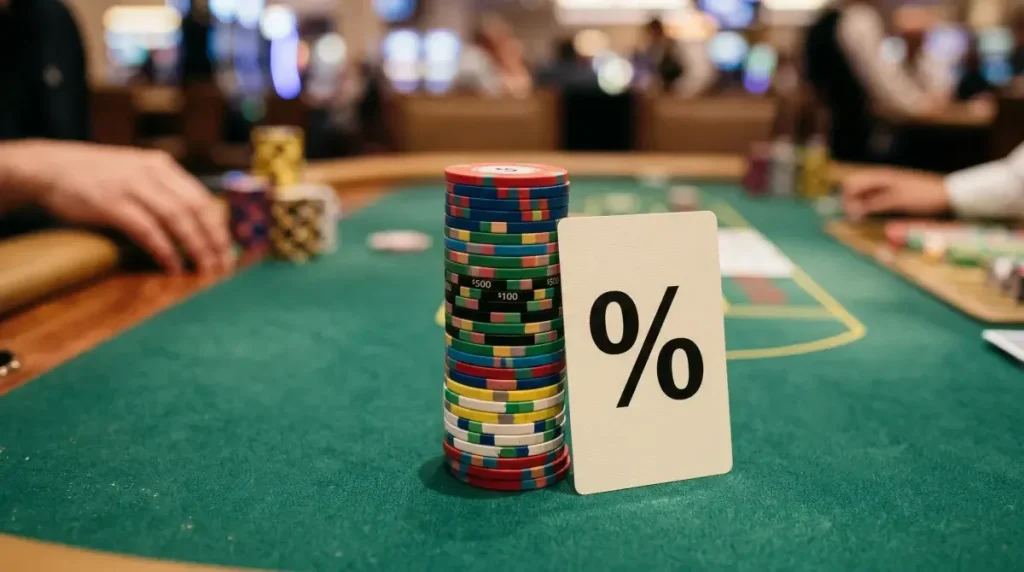 Stacked casino chips on green felt with a percentage card representing bonus sizes and wagering terms