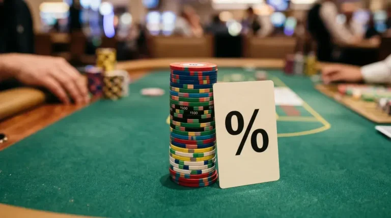 Stacked casino chips on green felt with a percentage card representing bonus sizes and wagering terms