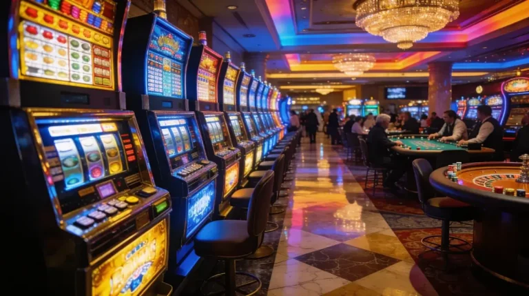 Casino floor with rows of slot machines and gaming tables representing the variety of offshore casino games