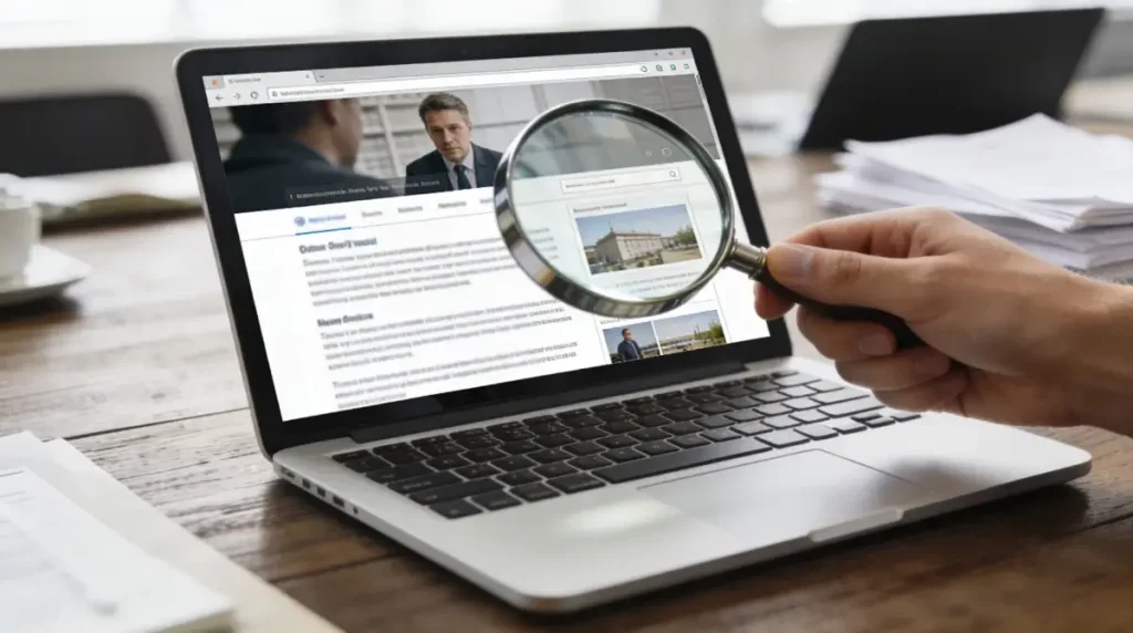 Magnifying glass held up to a laptop screen representing scrutiny of casino review site trustworthiness