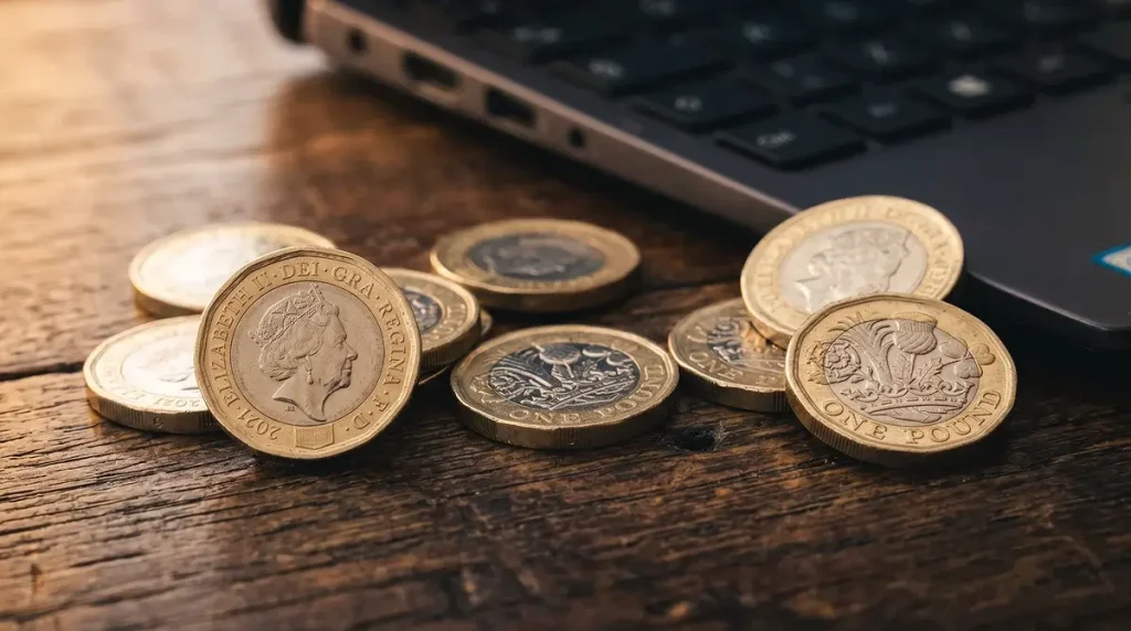 British pound coins on a dark wooden surface with a blurred laptop keyboard in the background