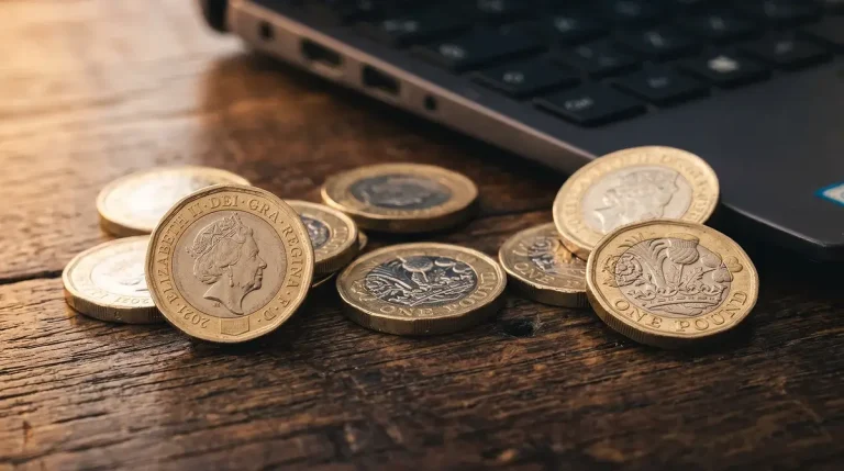 British pound coins on a dark wooden surface with a blurred laptop keyboard in the background