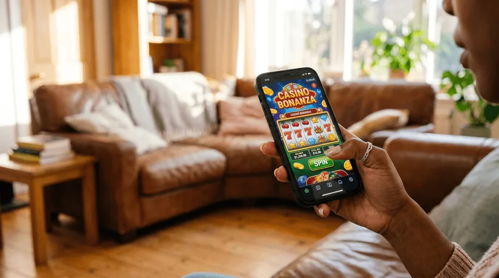 Hand holding a smartphone displaying a casino game interface representing mobile access to offshore casinos