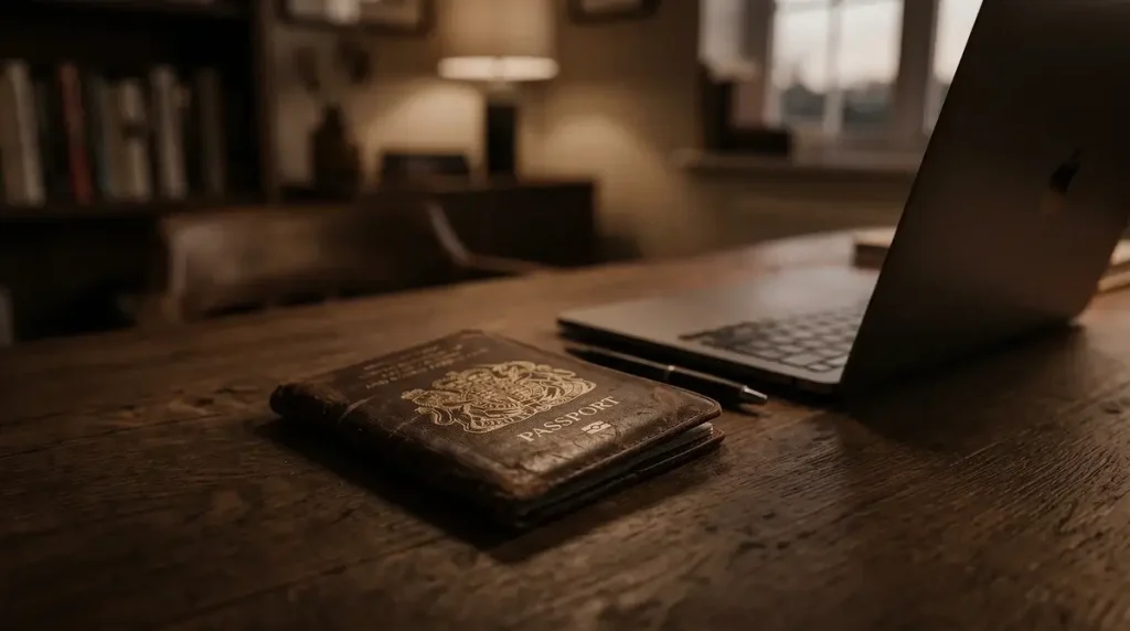 Closed passport on a desk beside a laptop representing casino identity verification requirements