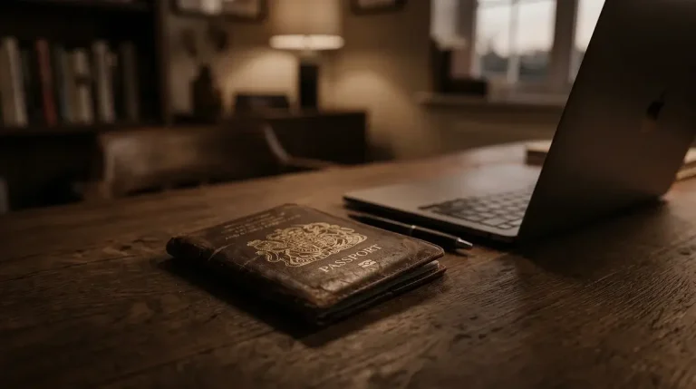 Closed passport on a desk beside a laptop representing casino identity verification requirements