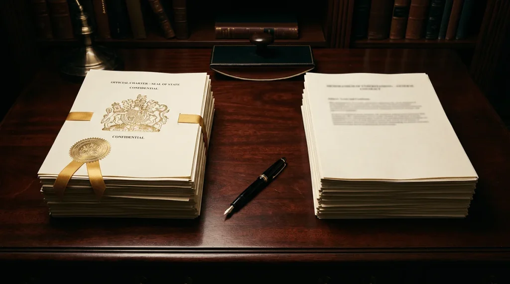 Two document stacks side by side on a desk representing the comparison between UKGC and offshore casino frameworks