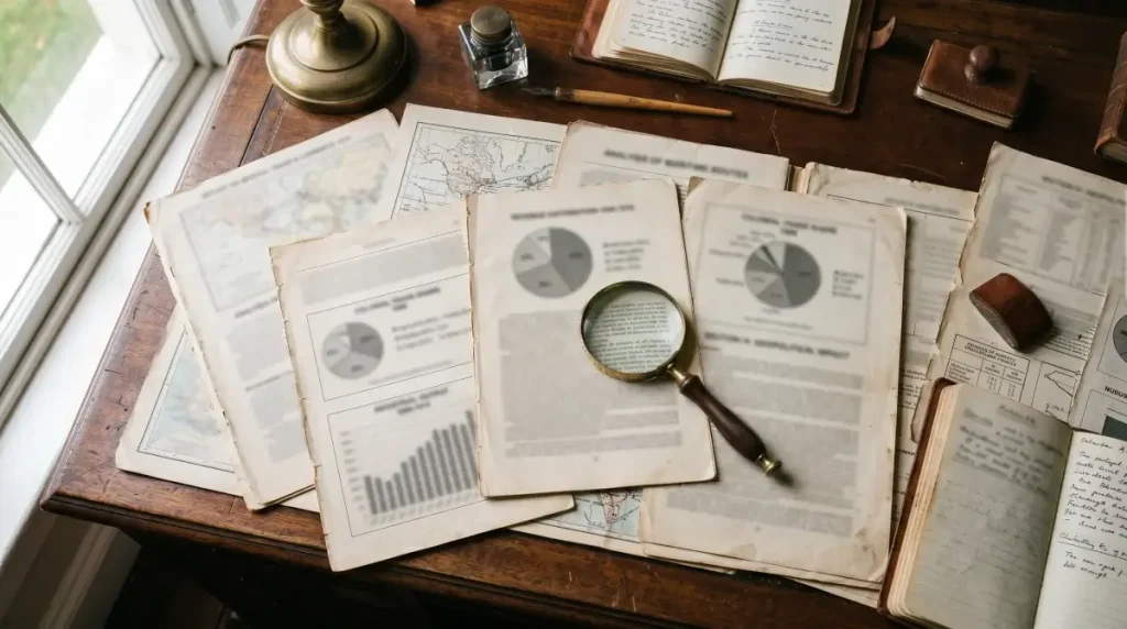 Overlapping printed reports and charts with a magnifying glass representing conflicting offshore gambling estimates