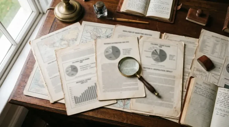 Overlapping printed reports and charts with a magnifying glass representing conflicting offshore gambling estimates