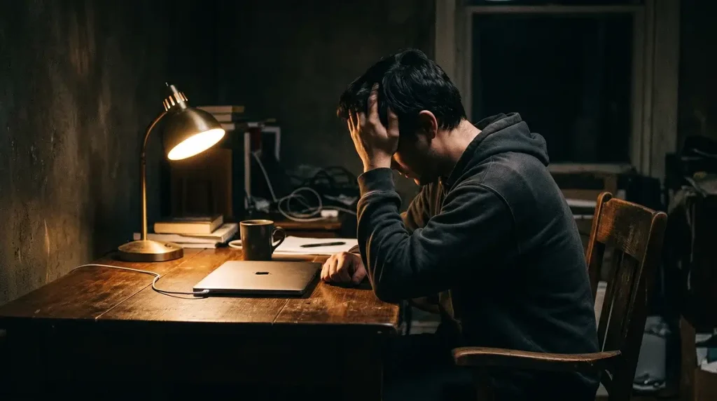 Person sitting alone at a desk with head in hand and closed laptop representing problem gambling in the UK