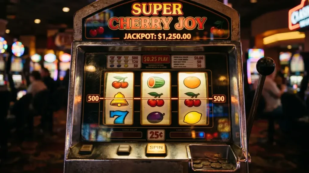 Classic three-reel slot machine with colourful fruit symbols in a dimly lit casino setting