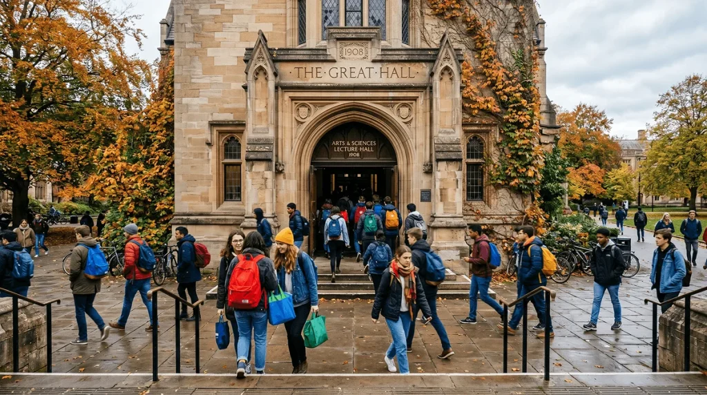 University building entrance with students representing student gambling participation in the UK
