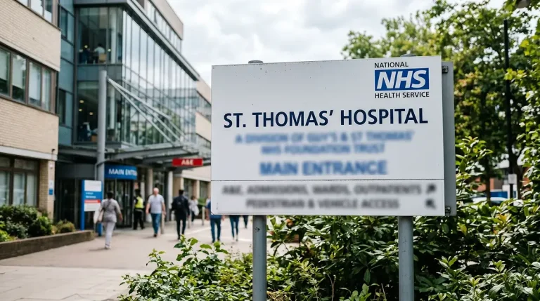 NHS hospital entrance sign representing treatment funding from the UK statutory gambling levy