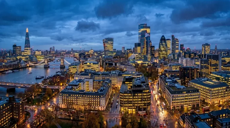 City of London financial district skyline at dusk representing the scale of the UK gambling market