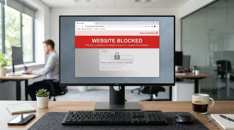 Computer monitor showing a blocked website warning representing UKGC enforcement against illegal gambling sites